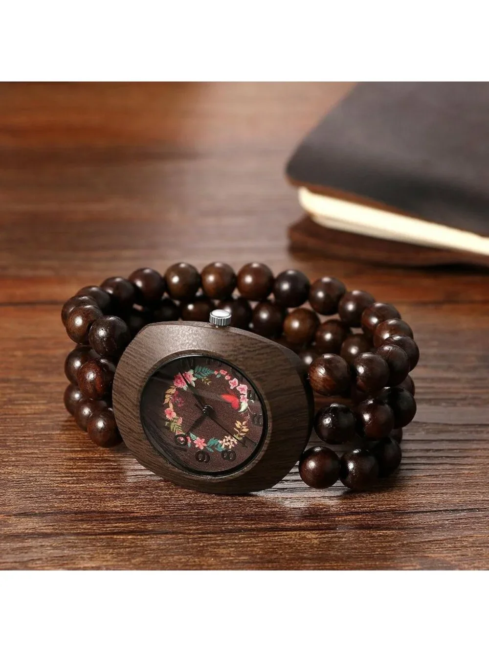 Women's Brown Boho Wood Bead Wreath Dial Floral Quartz Elastic Band Casual Watch